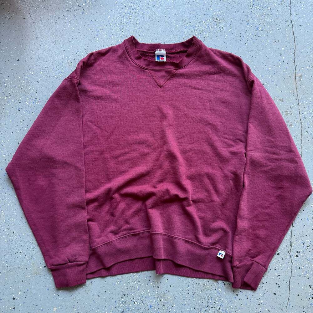 Vintage 90s Russell Athletic Maroon Burgundy Crewneck Sweatshirt V-Insert Size L